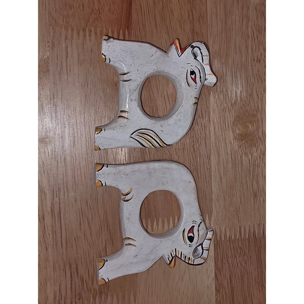 Vintage folk art set of six hand painted and carved animal napkin rings